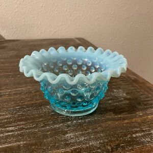 Fenton Blue Opalescent Hobnail Crimp Edge Bowl
